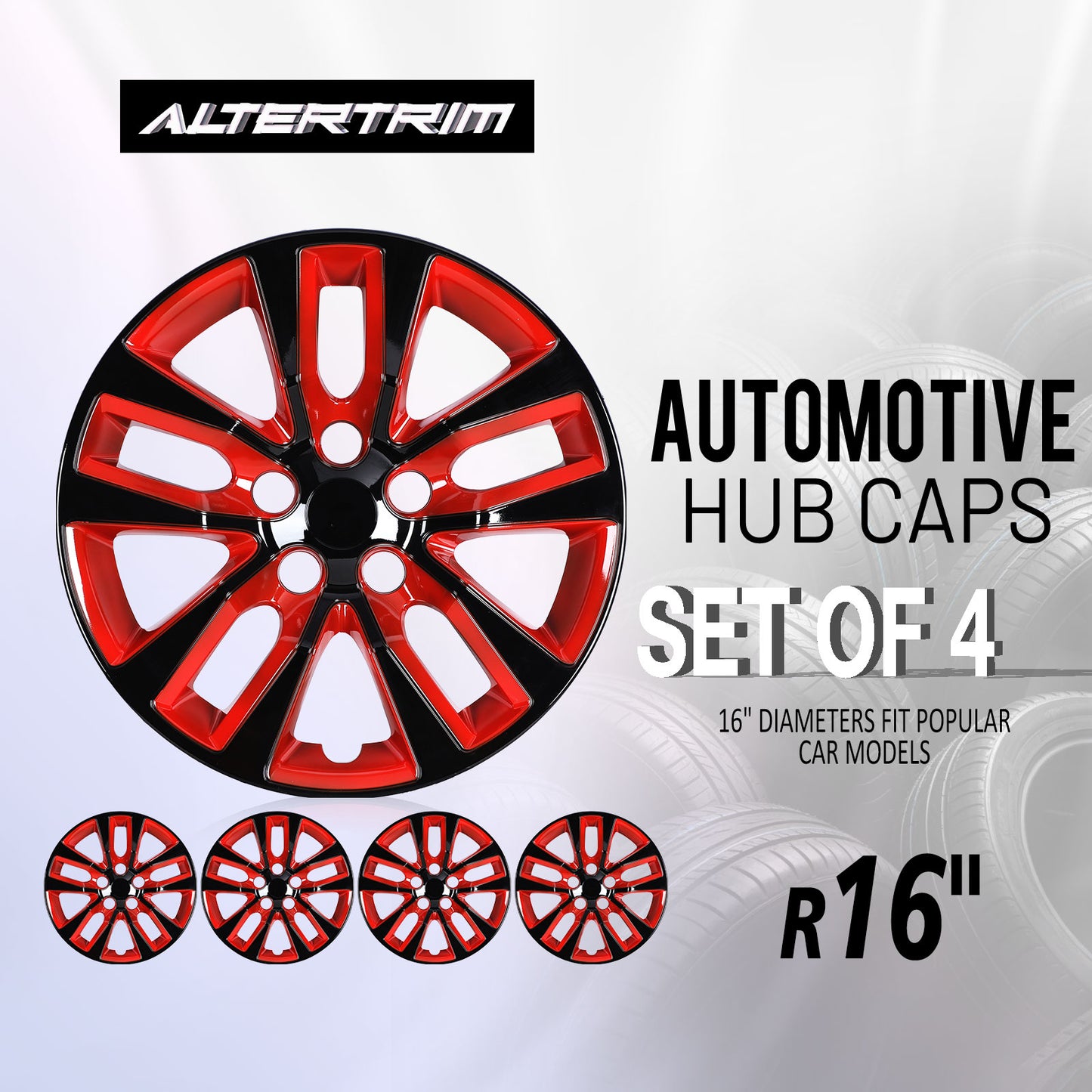 16 Inch Wheel Hubcaps for 2013-2018 Nissan Altima Sedan - Black Lacquer & Red Lacquer