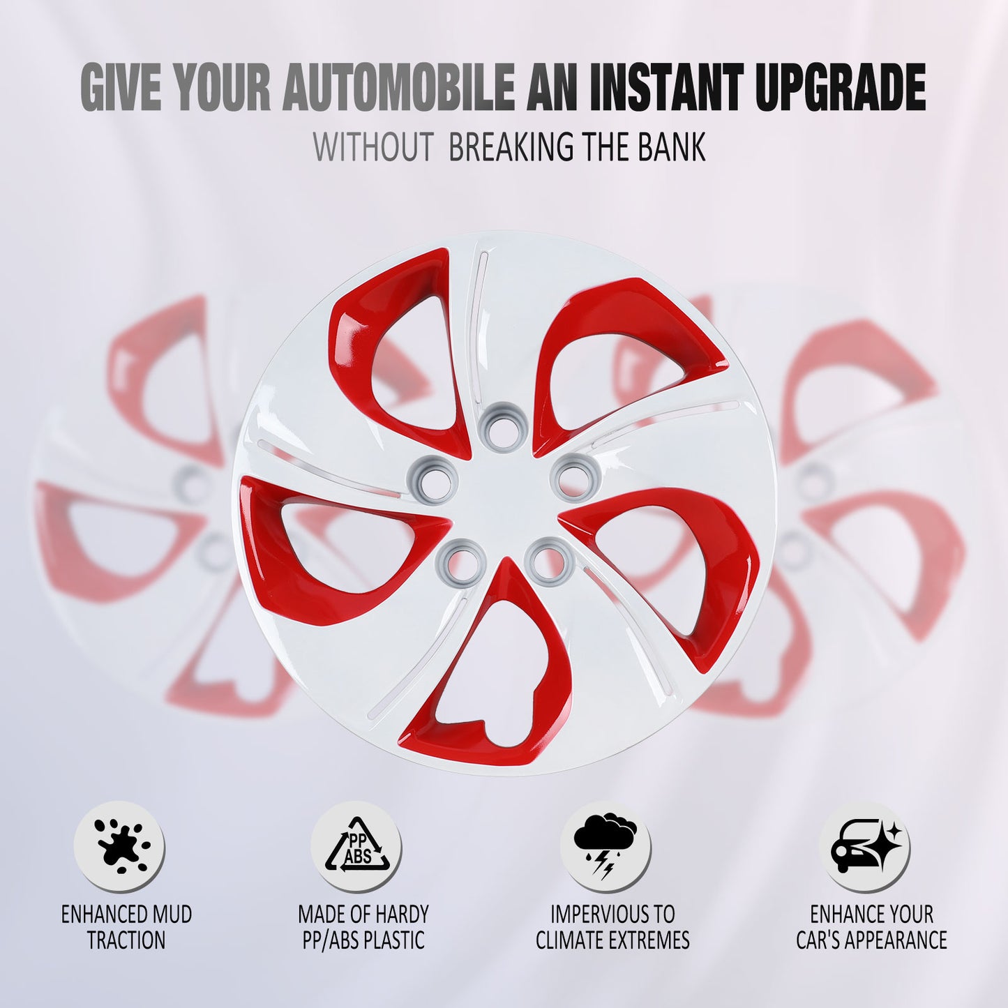 15 Inch Wheel Hubcaps for 2013-2015 Honda Civic Sedan/ 2013 Honda Civic Coupe - White Lacquer & Red Lacquer