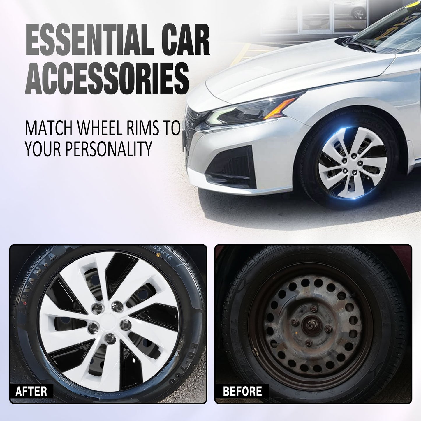 16 Inch Wheel Hubcaps for 2019-2025 Nissan Altima - Black Lacquer & White Lacquer