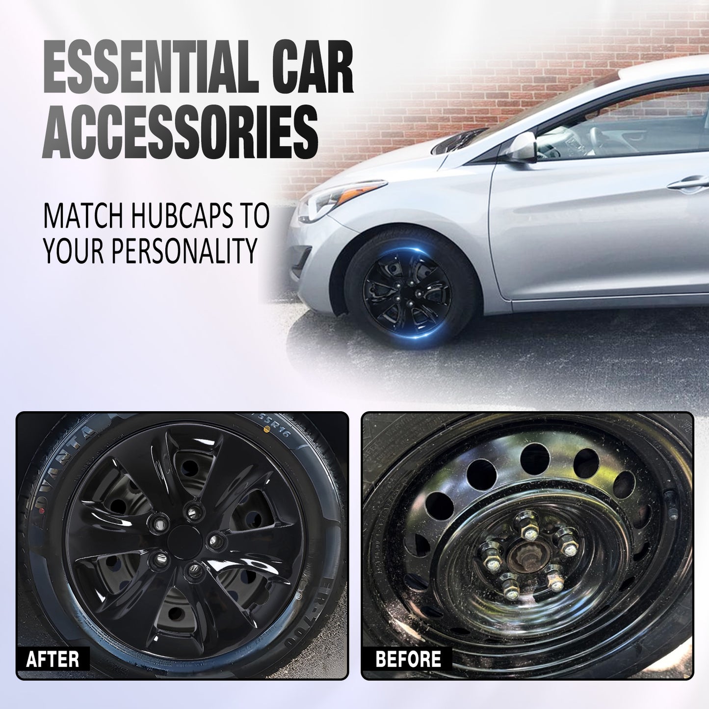 15 Inch Wheel Hubcaps for 2011-2016 Hyundai Elantra Sedan - Black Lacquer