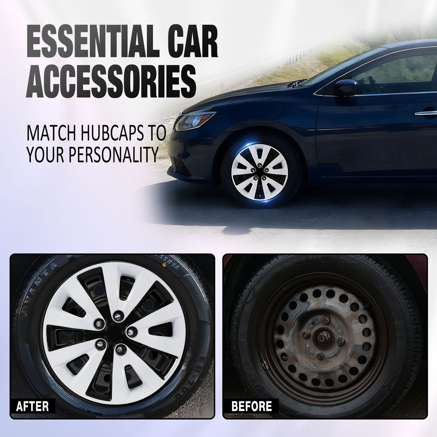 16 Inch Wheel Hubcaps for 2011-2017 Nissan Leaf/ 2013-2019 Nissan Sentra - Black Lacquer & White Lacquer
