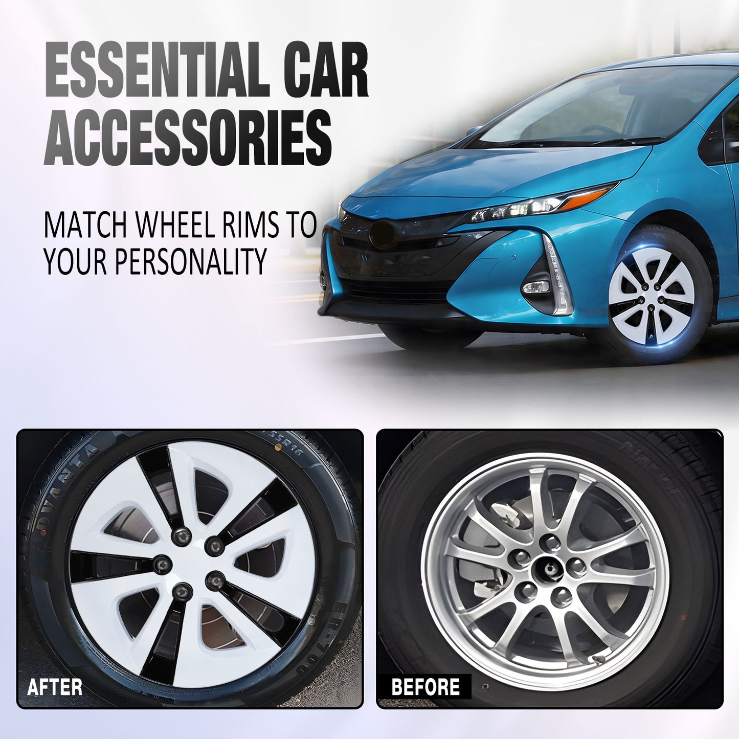 15 Inch Wheel Hubcaps for 2016-2022 TOYOTA Prius/ 2020-2024 TOYOTA Corolla - White Lacquer& Black Lacquer