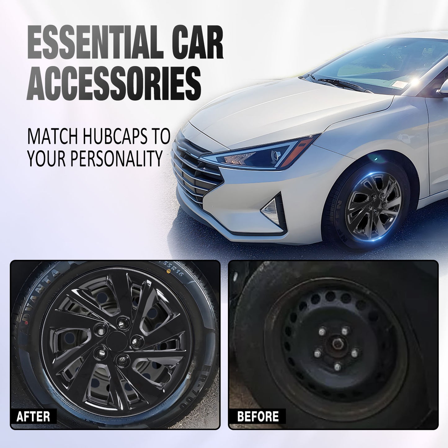 15 Inch Wheel Hubcaps for 2017-2020 Hyundai Elantra Sedan - Black Lacquer