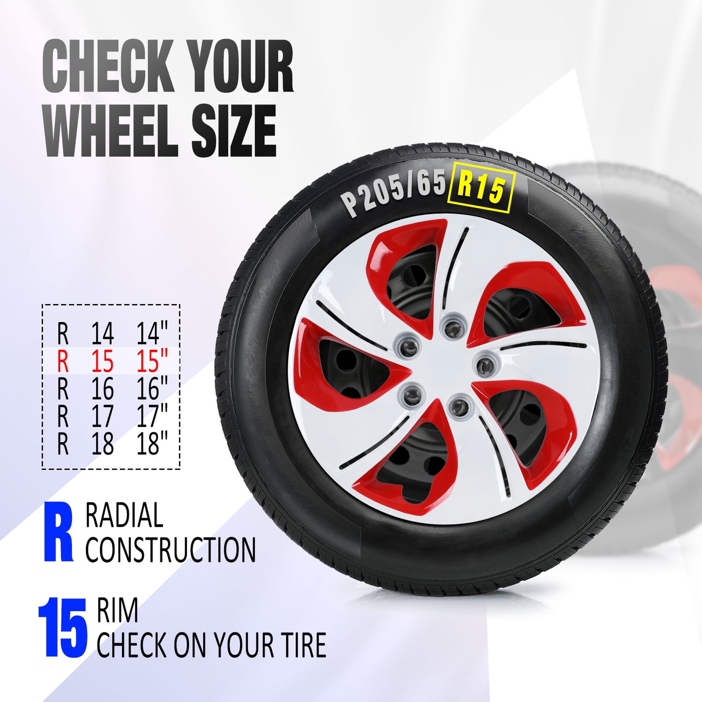 15 Inch Wheel Hubcaps for 2013-2015 Honda Civic Sedan/ 2013 Honda Civic Coupe - White Lacquer & Red Lacquer