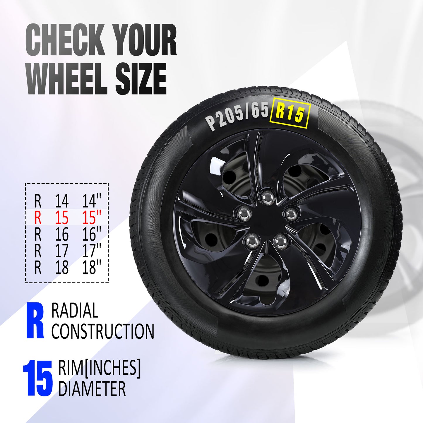 15 Inch Wheel Hubcaps for 2013-2015 Honda Civic Sedan/ 2013 Honda Civic Coupe - Black Lacquer