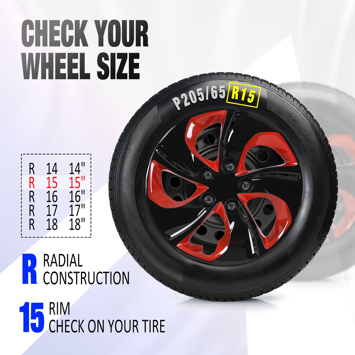 15 Inch Wheel Hubcaps for 2013-2015 Honda Civic Sedan/ 2013 Honda Civic Coupe - Black Lacquer & Red Lacquer