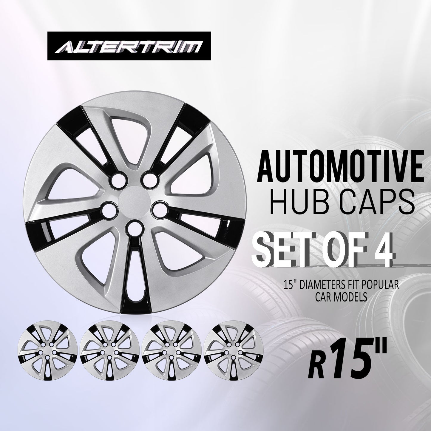 15 Inch Wheel Hubcaps for 2016-2022 TOYOTA Prius/ 2020-2024 TOYOTA Corolla - Silver Lacquer & Black Lacquer