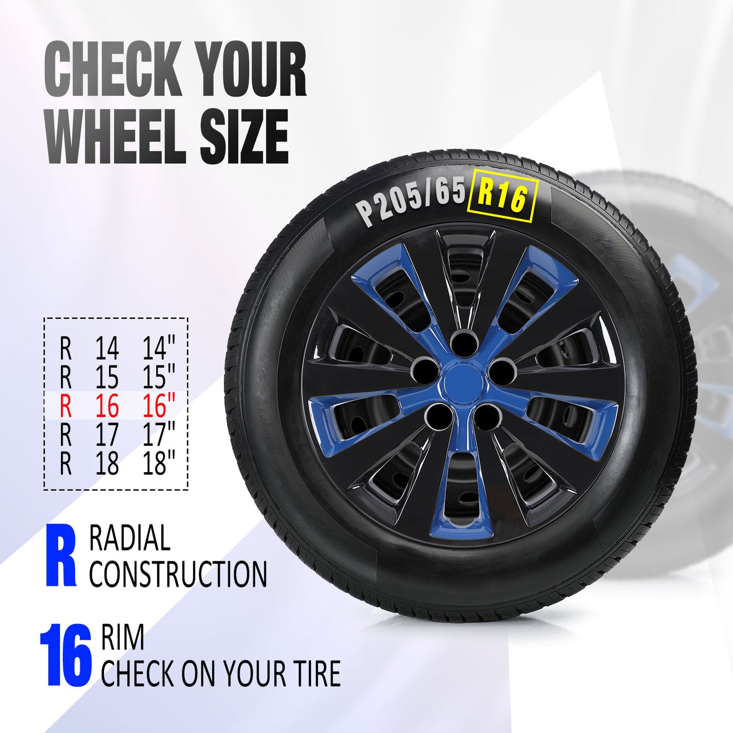 16 Inch Wheel Hubcaps for 2011-2017 Nissan Leaf/ 2013-2019 Nissan Sentra - Black Lacquer & Blue Lacquer