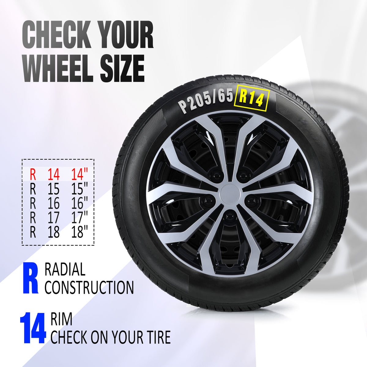 14 Inch Universal Hubcaps for Steel Wheel Rims Cover - Black Lacquer & Silver Lacquer