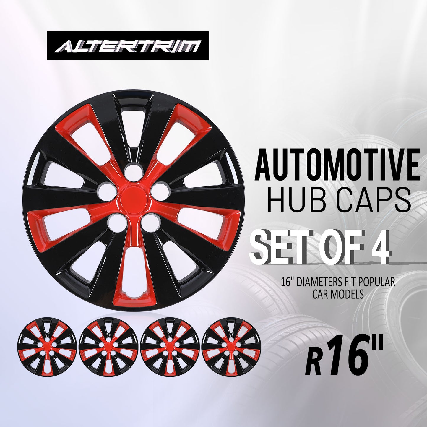 16 Inch Wheel Hubcaps for 2011-2017 Nissan Leaf/ 2013-2019 Nissan Sentra - Black Lacquer & Red Lacquer