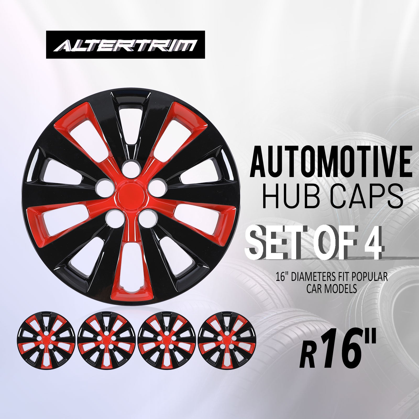16 Inch Wheel Hubcaps for 2011-2017 Nissan Leaf/ 2013-2019 Nissan Sentra - Black Lacquer & Red Lacquer