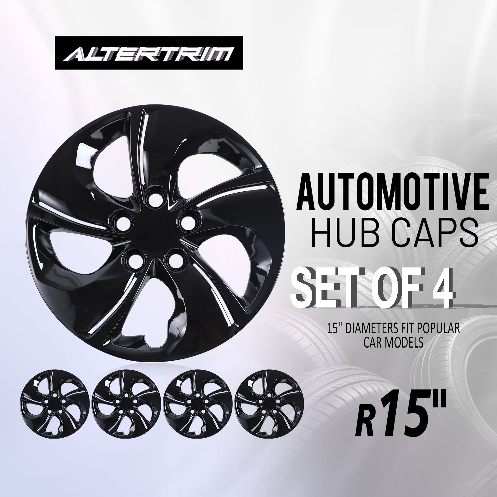 15 Inch Wheel Hubcaps for 2013-2015 Honda Civic Sedan/ 2013 Honda Civic Coupe - Black Lacquer