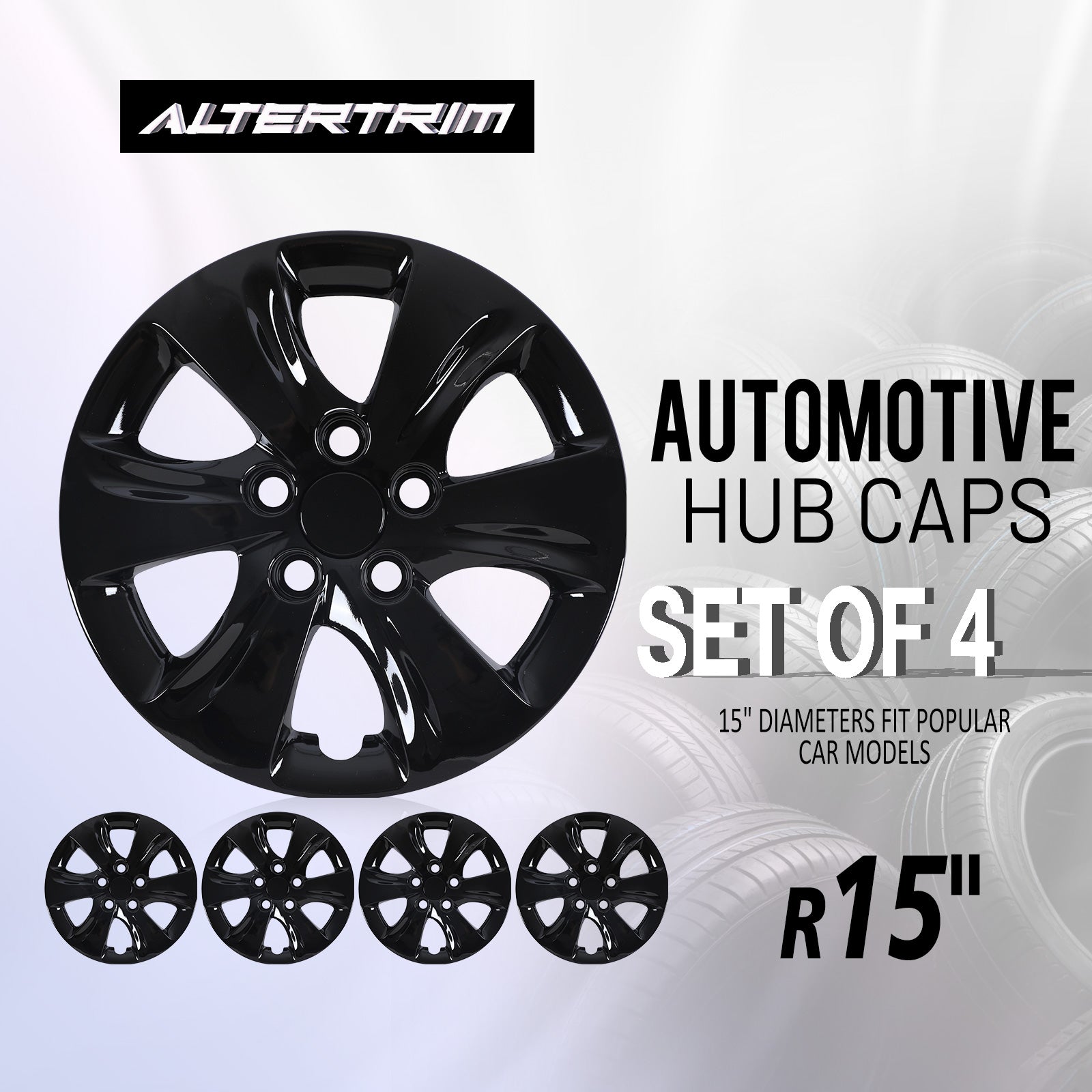 15 Inch Wheel Hubcaps for 2011-2016 Hyundai Elantra Sedan - Black Lacquer