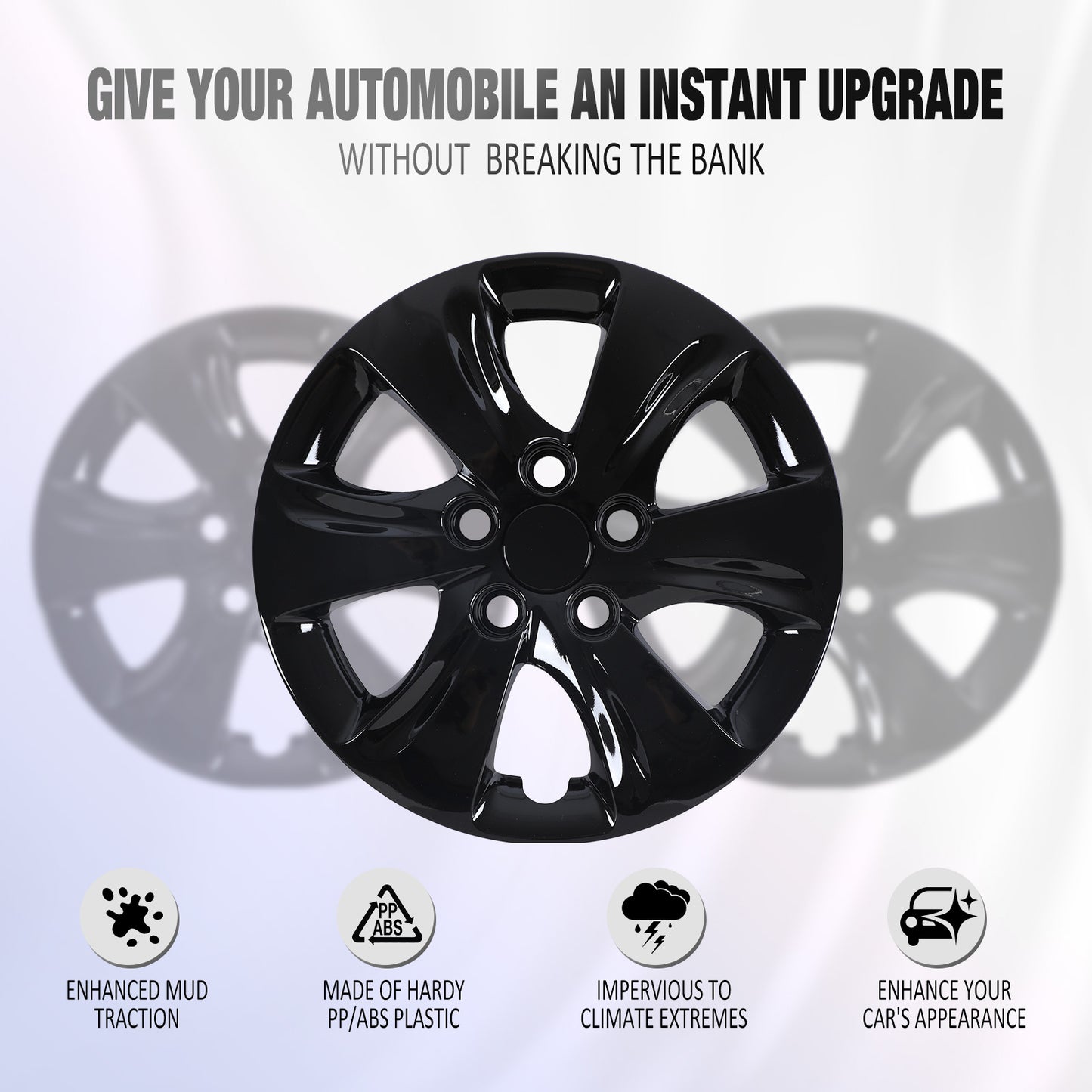15 Inch Wheel Hubcaps for 2011-2016 Hyundai Elantra Sedan - Black Lacquer