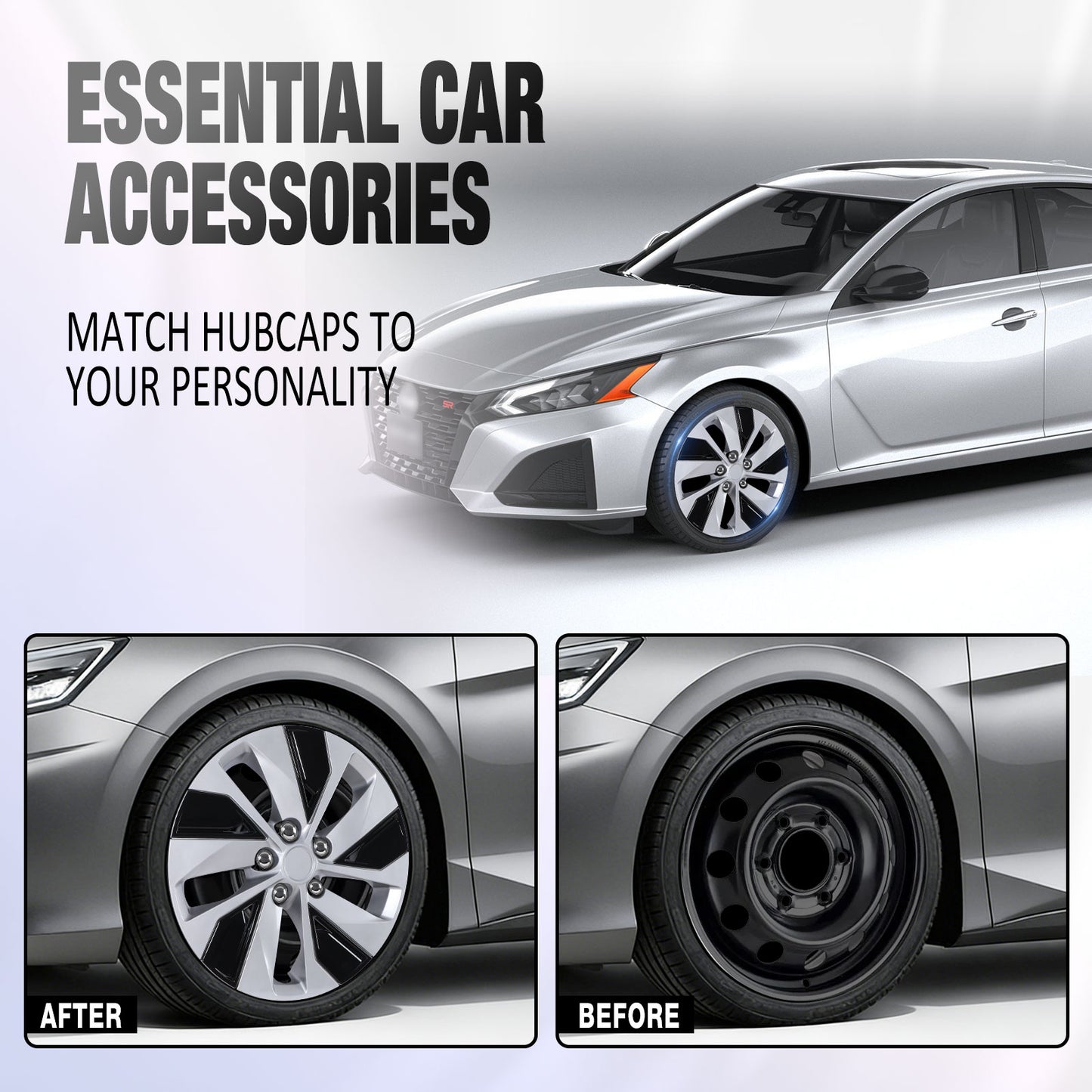 16 Inch Wheel Hubcaps for 2019-2025 Nissan Altima - Silver Lacquer & Black Lacquer