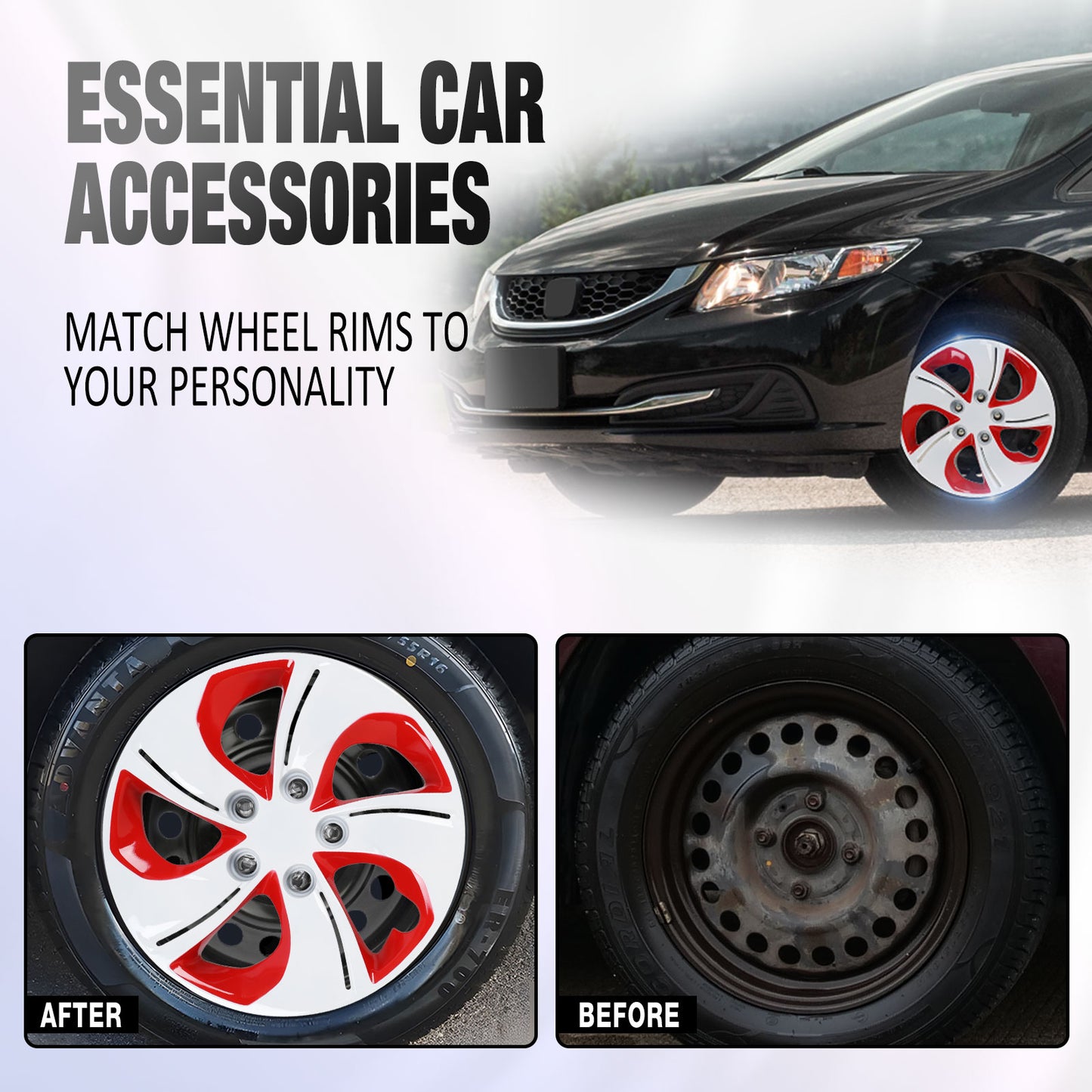 15 Inch Wheel Hubcaps for 2013-2015 Honda Civic Sedan/ 2013 Honda Civic Coupe - White Lacquer & Red Lacquer