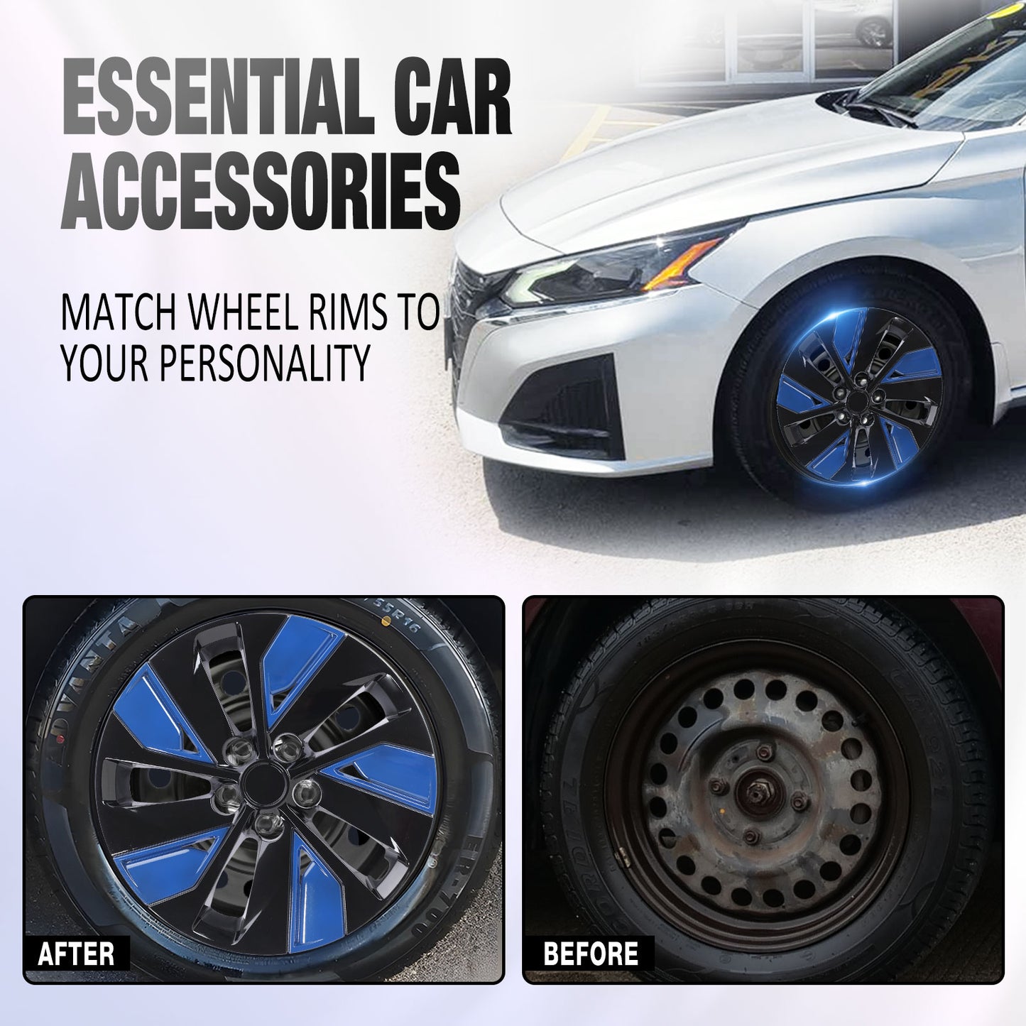 16 Inch Wheel Hubcaps for 2019-2025 Nissan Altima - Black Lacquer & Blue Lacquer