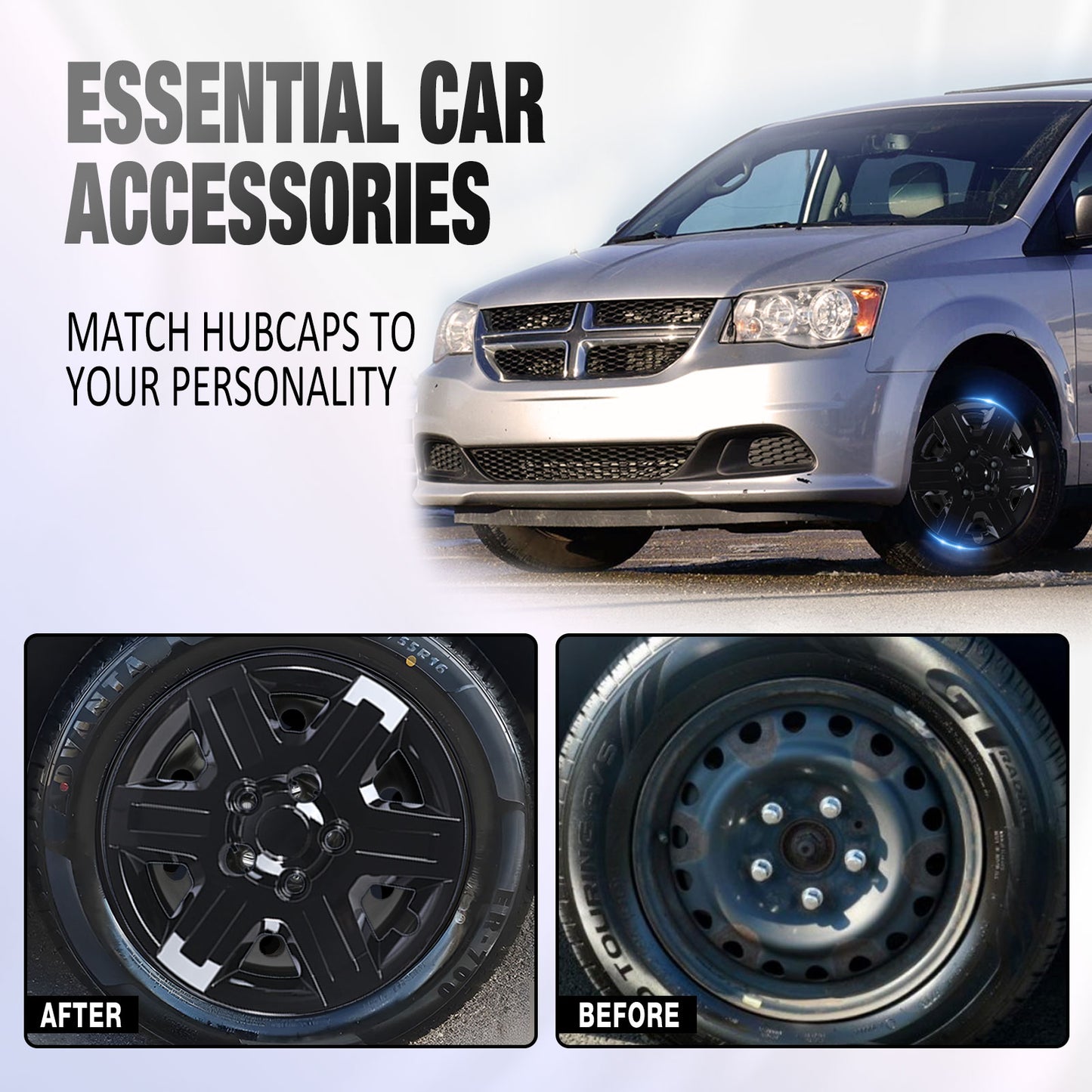 16 Inch Wheel Hubcaps for 2008-2016 Dodge Grand & Caravan/2008-2010 Chrysler Town & Country - Black Lacquer