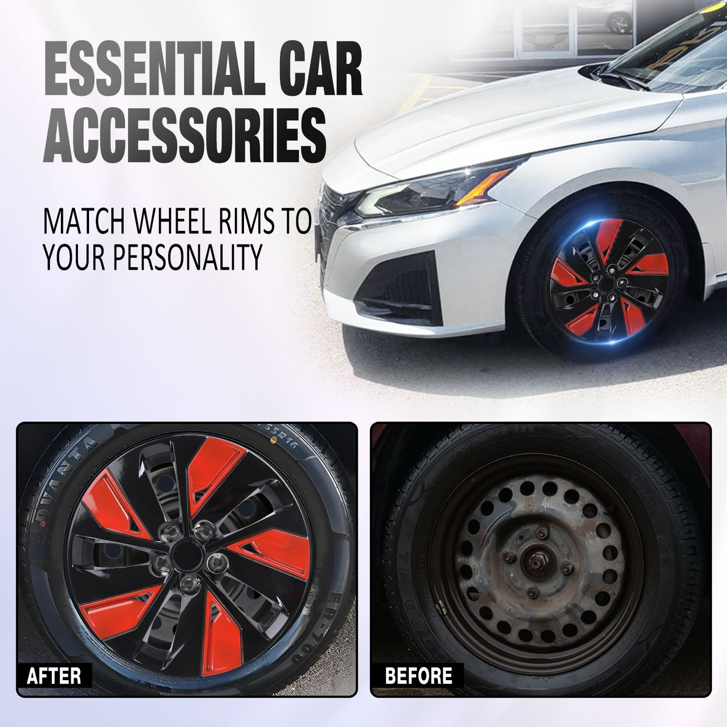 16 Inch Wheel Hubcaps for 2019-2025 Nissan Altima - Black Lacquer & Red Lacquer