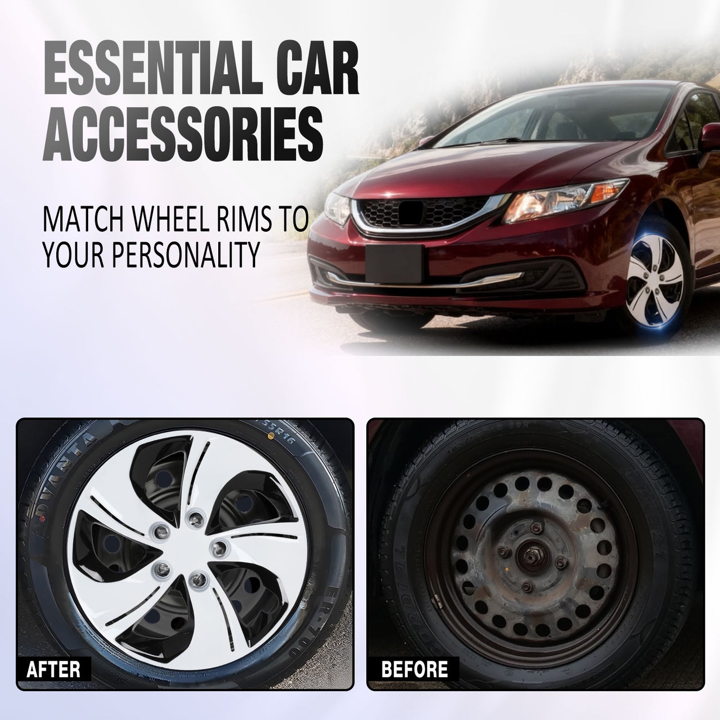 15 Inch Wheel Hubcaps for 2013-2015 Honda Civic Sedan/ 2013 Honda Civic Coupe - Black Lacquer & White Lacquer