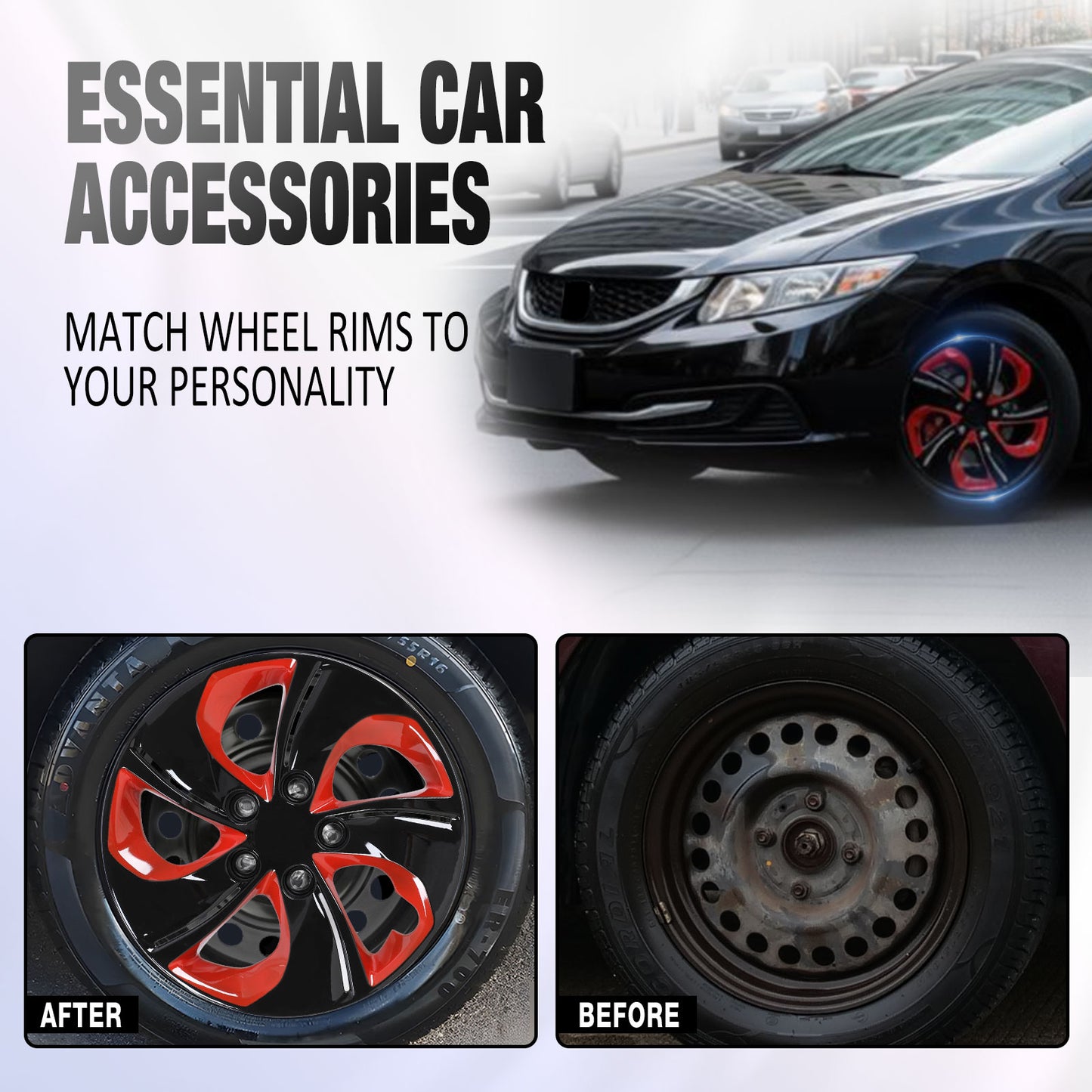 15 Inch Wheel Hubcaps for 2013-2015 Honda Civic Sedan/ 2013 Honda Civic Coupe - Black Lacquer & Red Lacquer