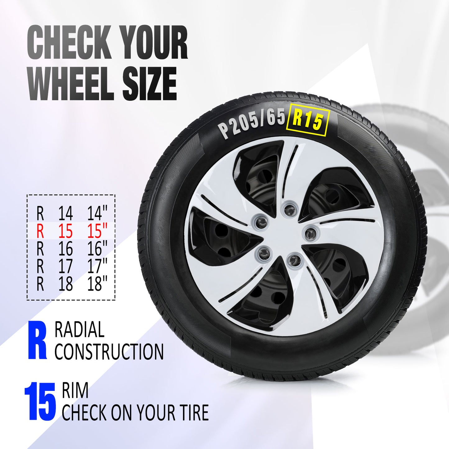 15 Inch Wheel Hubcaps for 2013-2015 Honda Civic Sedan/ 2013 Honda Civic Coupe - Black Lacquer & White Lacquer