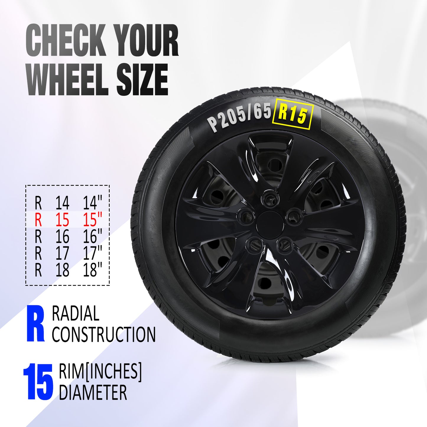 15 Inch Wheel Hubcaps for 2011-2016 Hyundai Elantra Sedan - Black Lacquer
