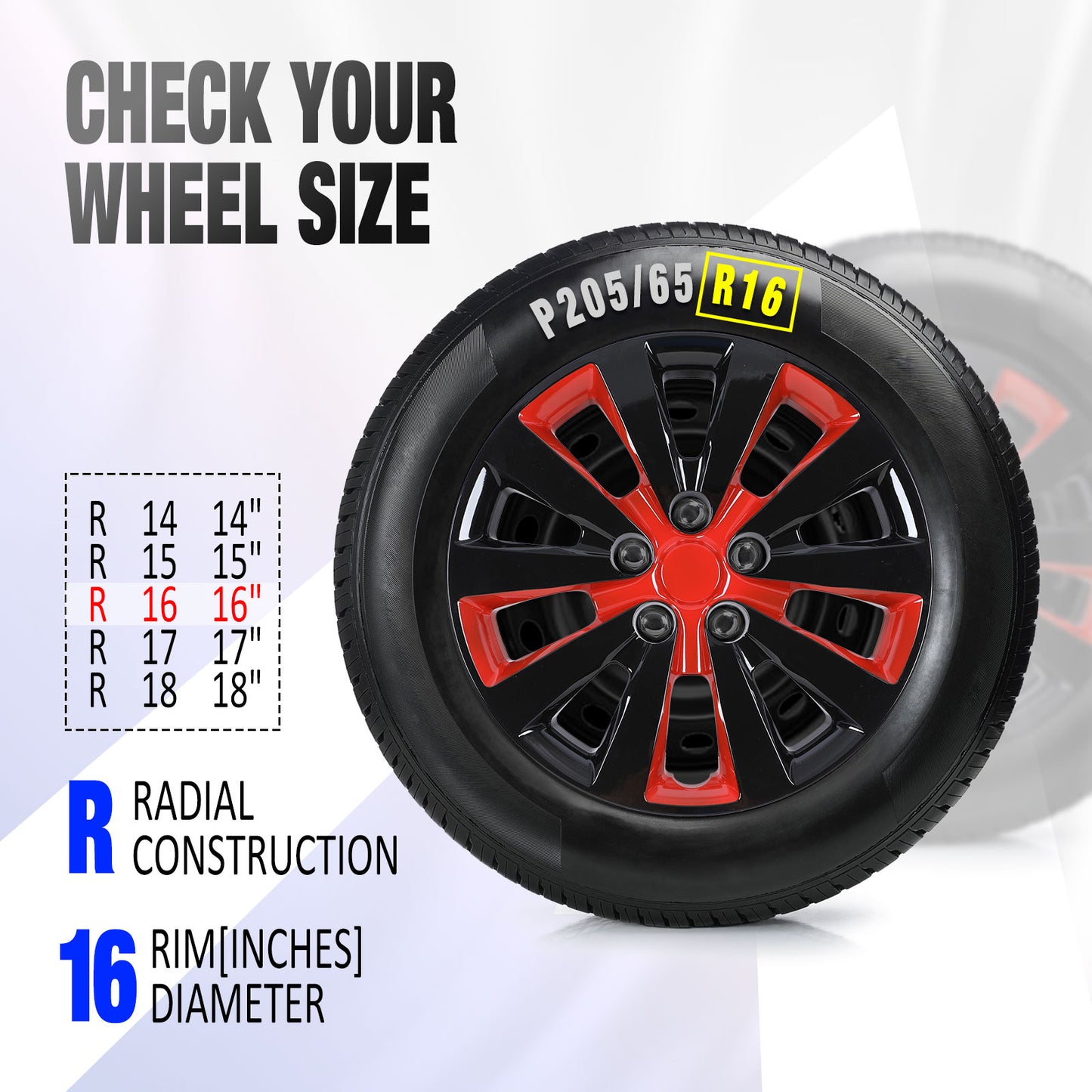 16 Inch Wheel Hubcaps for 2011-2017 Nissan Leaf/ 2013-2019 Nissan Sentra - Black Lacquer & Red Lacquer