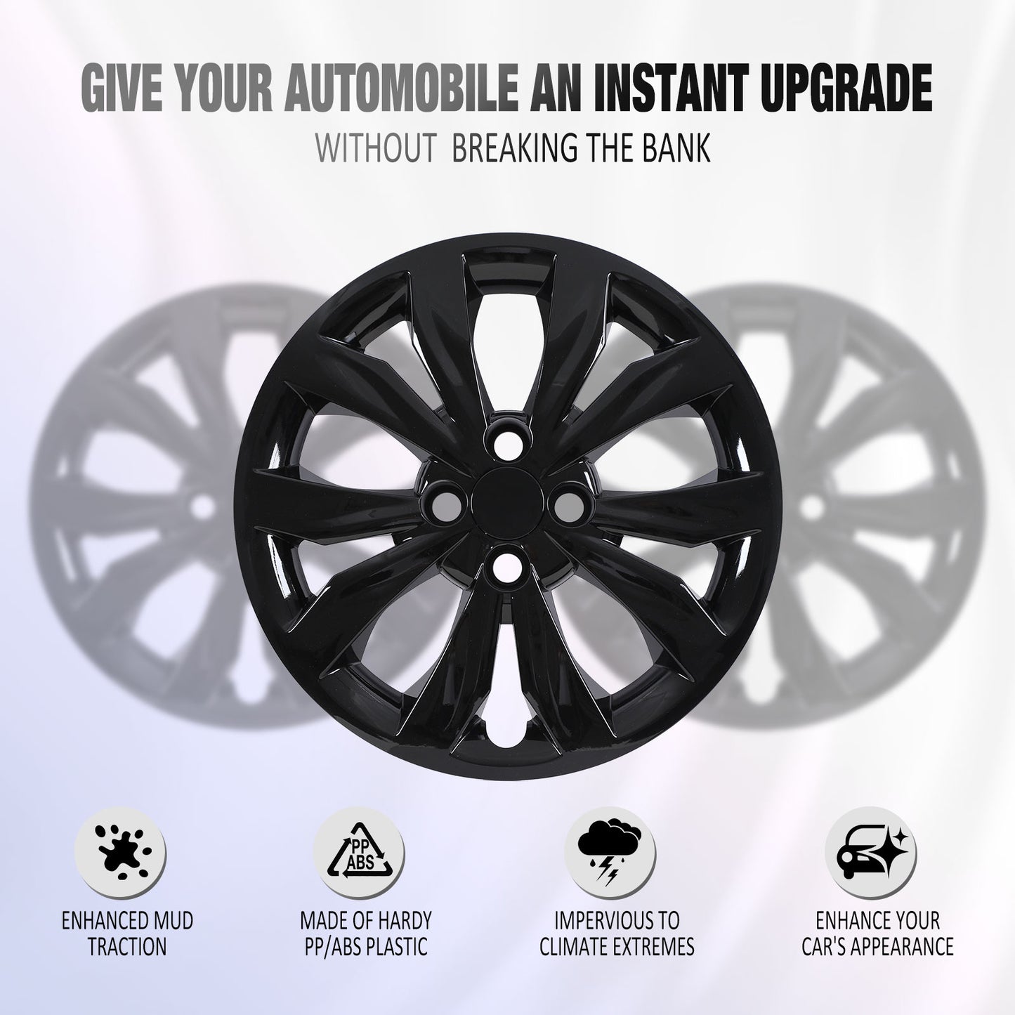15 Inch Wheel Hubcaps for 2018-2022 Hyundai Accent/2018-2023 KIA Rio - Black Lacquer