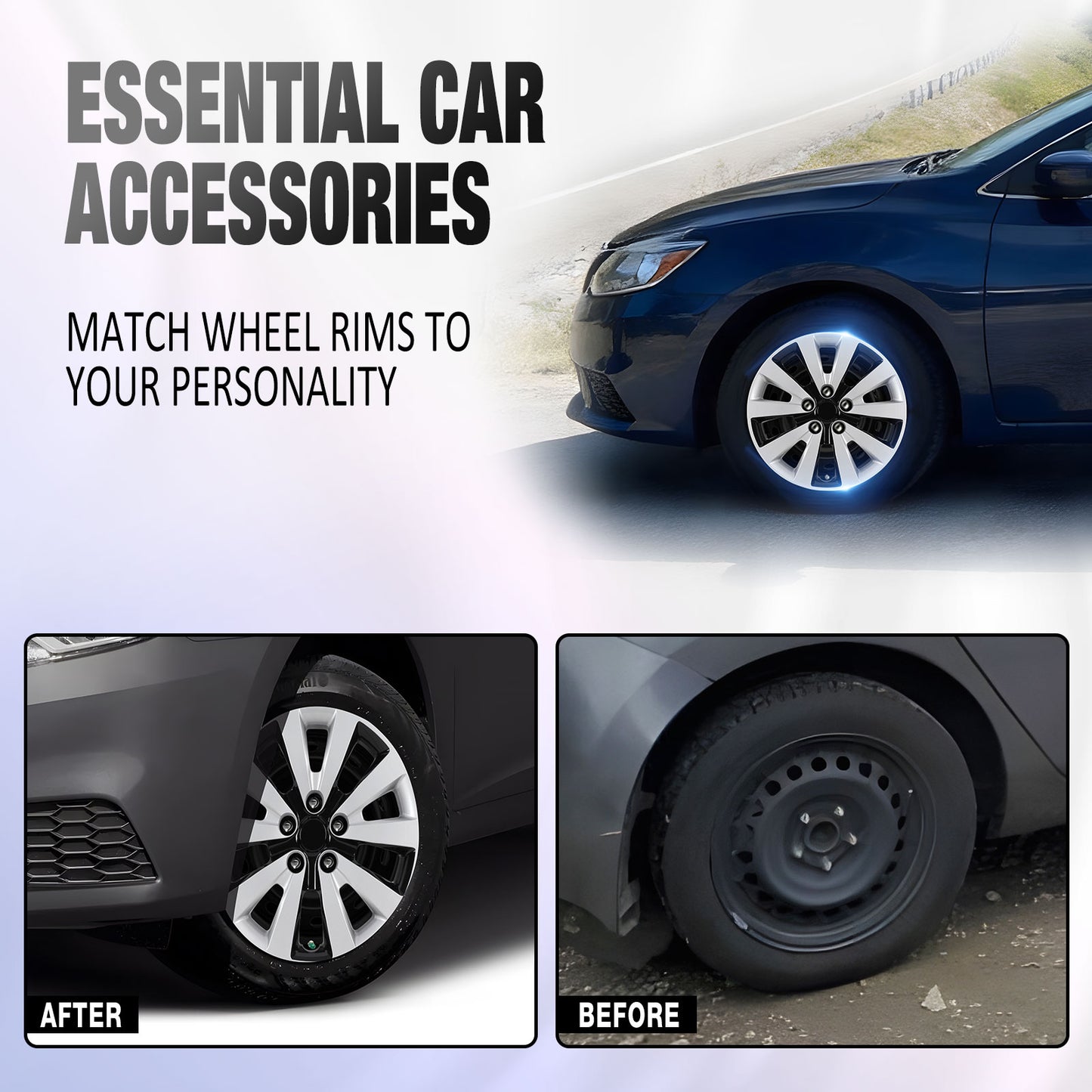 16 Inch Wheel Hubcaps for 2011-2017 Nissan Leaf/ 2013-2019 Nissan Sentra - Silver Lacquer & Black Lacquer