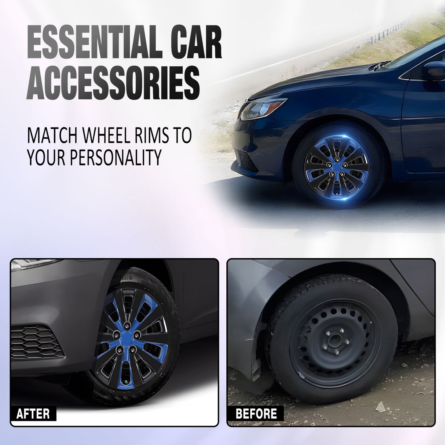 16 Inch Wheel Hubcaps for 2011-2017 Nissan Leaf/ 2013-2019 Nissan Sentra - Black Lacquer & Blue Lacquer