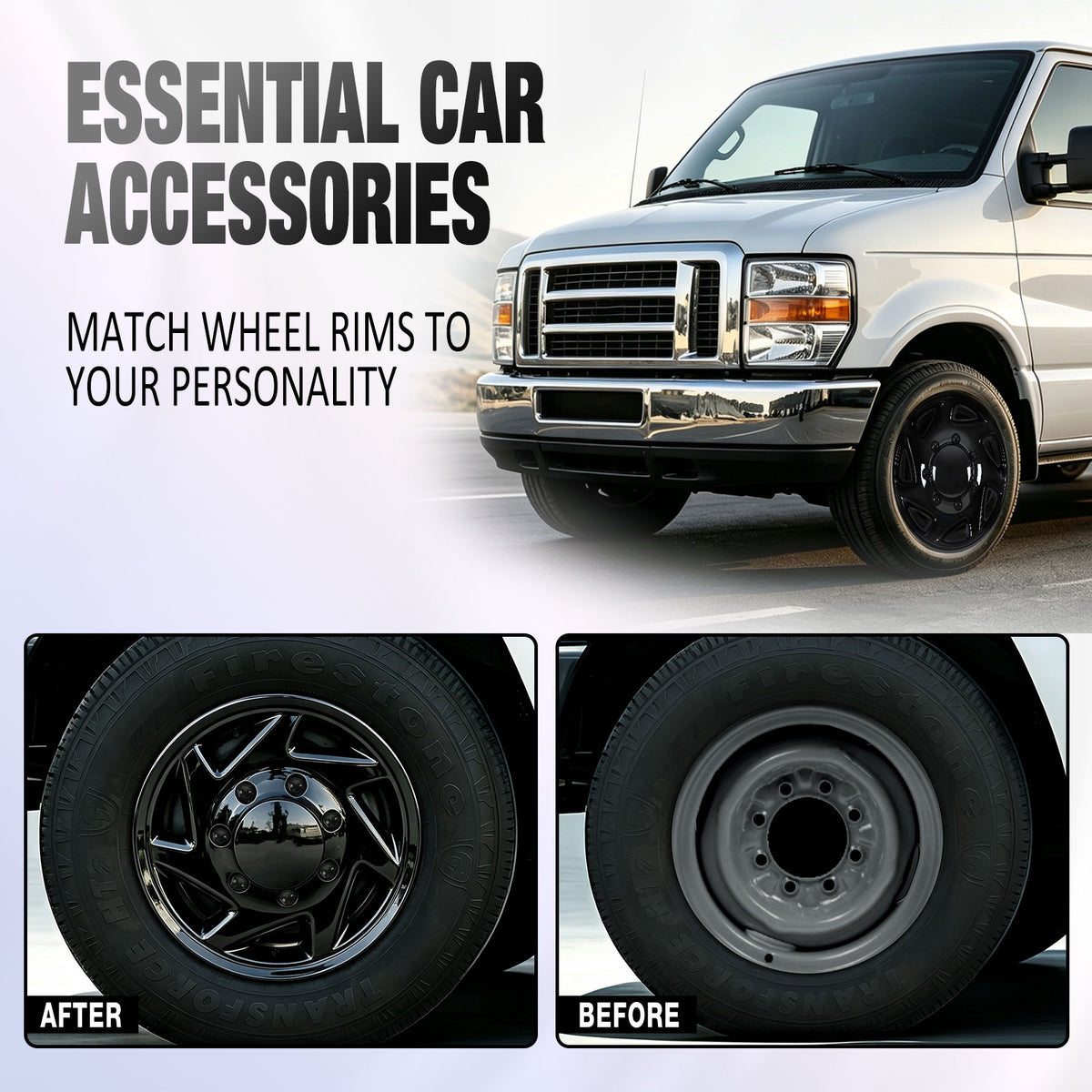 16 Inch Wheel Skins for 1992-2014 Ford E Series Van - Black Lacquer