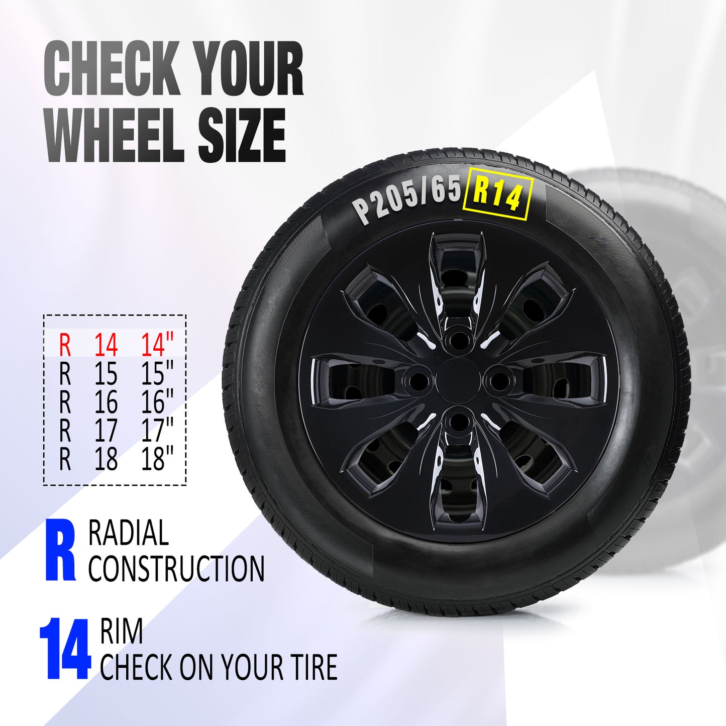 14 Inch Wheel Hubcaps for 2012-2017 Hyundai Accent Hatchback/Sedan - Black Lacquer