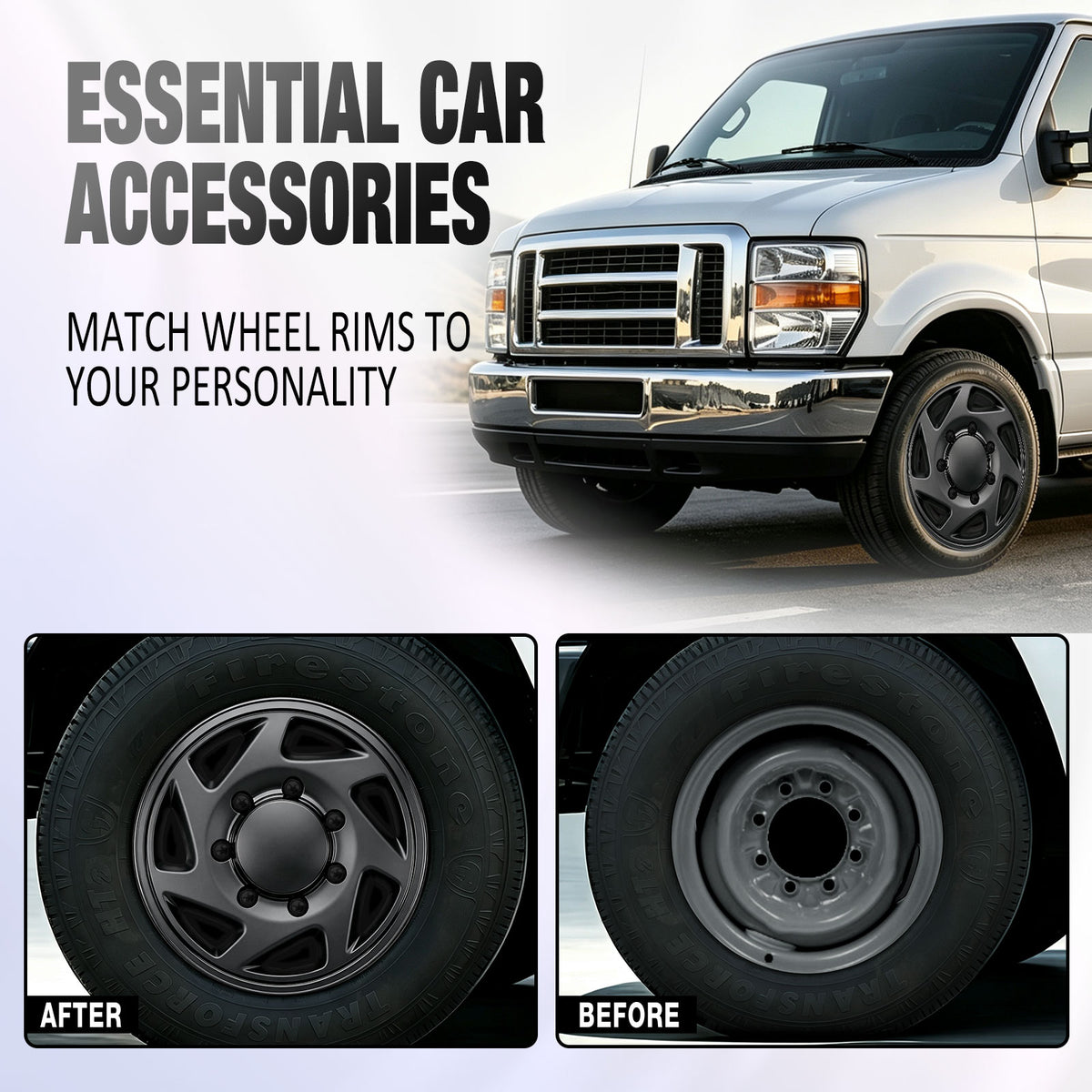 16 Inch Wheel Skins for 1992-2014 Ford E Series Van - Matte Black