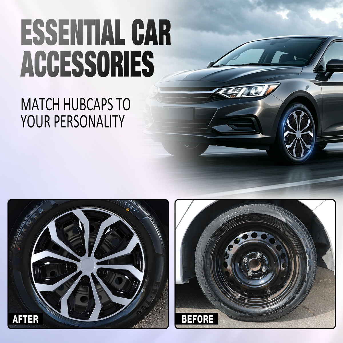 14 Inch Universal Hubcaps for Steel Wheel Rims Cover - Black Lacquer & Silver Lacquer