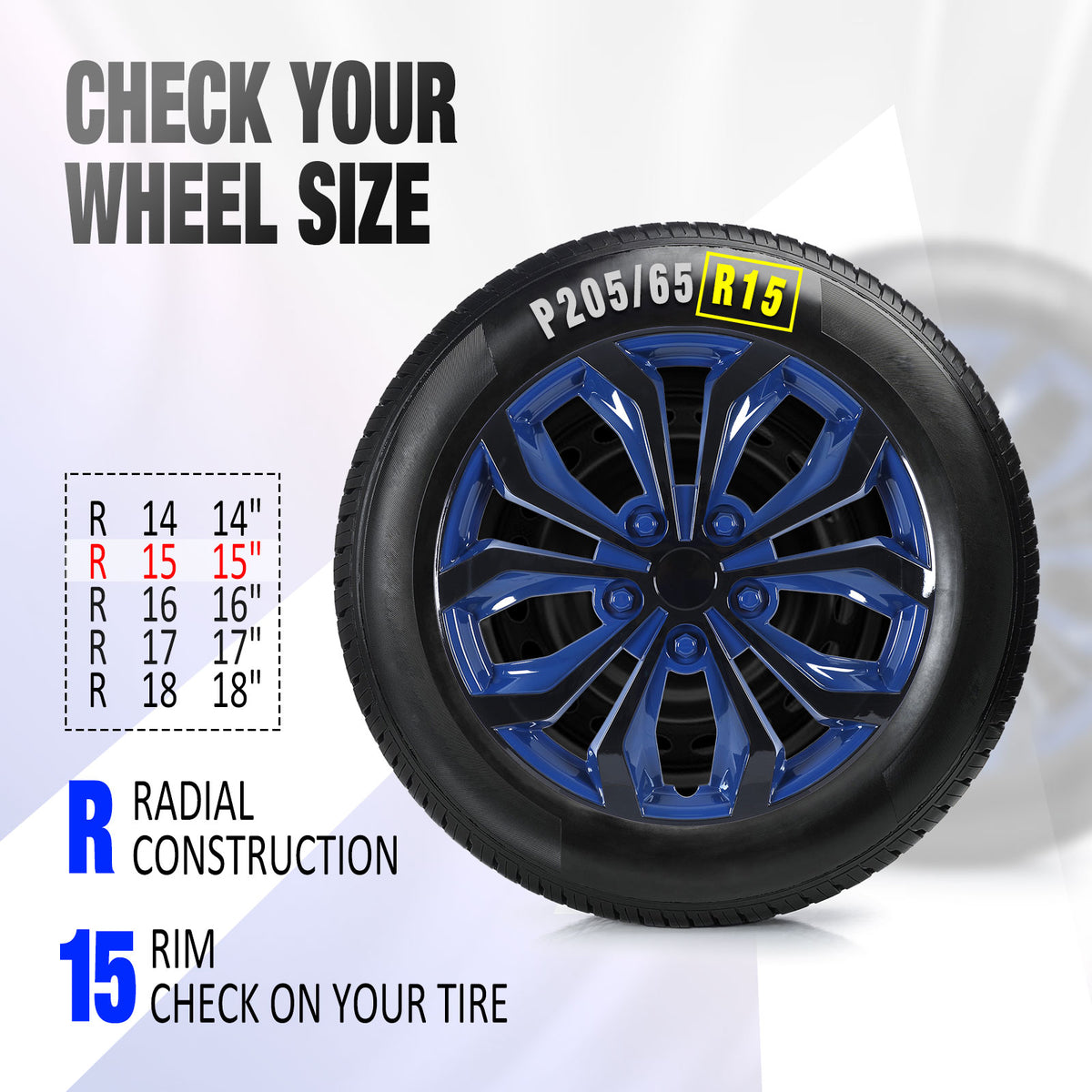15 Inch Universal Hubcaps for Steel Wheel Rims Cover - Black Lacquer & Blue Lacquer